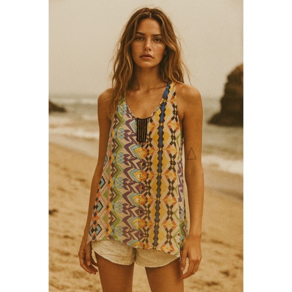 Sleeveless Multicolor Geometric Print Tank Top Zipper Back